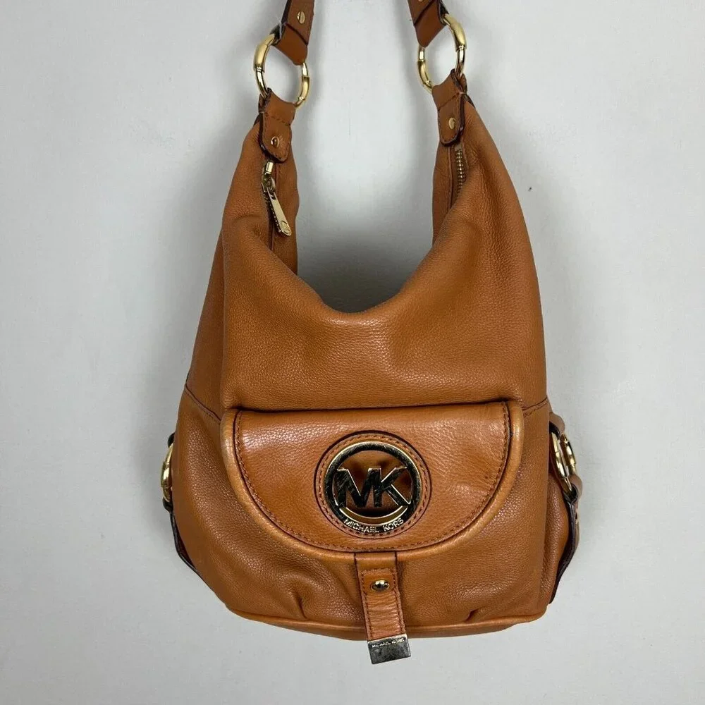 Michael Kors Leather Hobo Handbag Shoulder Bag Gold Plated Hardware Fulton Brown